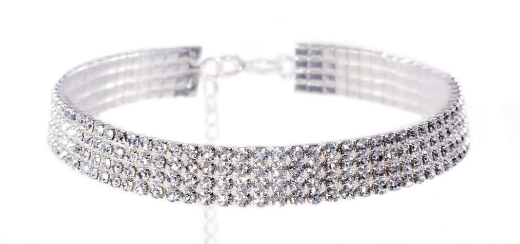 #12203 - 4 Row Stretch Rhinestone Necklace - Clear Crystal Silver-0
