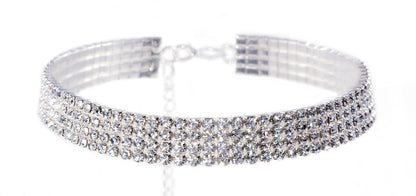 #12203 - 4 Row Stretch Rhinestone Necklace - Clear Crystal Silver-0