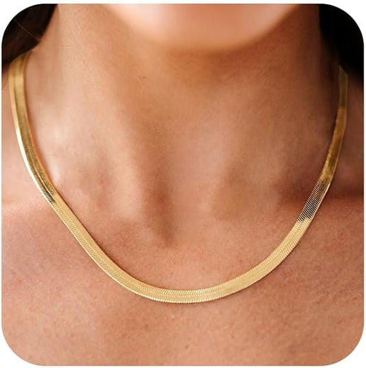 CHESKY Gold Necklace for Women-14K Plated sterling silver Snake Chain Necklace Dainty Simple Chunky Herringbone Necklace Choker Necklaces Jewelry for Women
